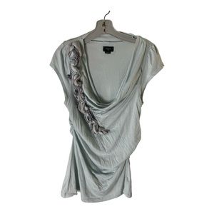 Deleta Anthro Blue Cap Sleeve Ribbon Applique Cowl Neck Ruched Top Size L